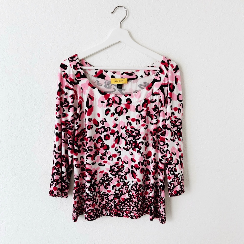 St. John Pink Leopard Print Top 3 Quarter Sleeve